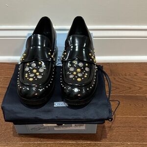 Prada Black Silver and Gold Studded Women’s Loafers 36.5